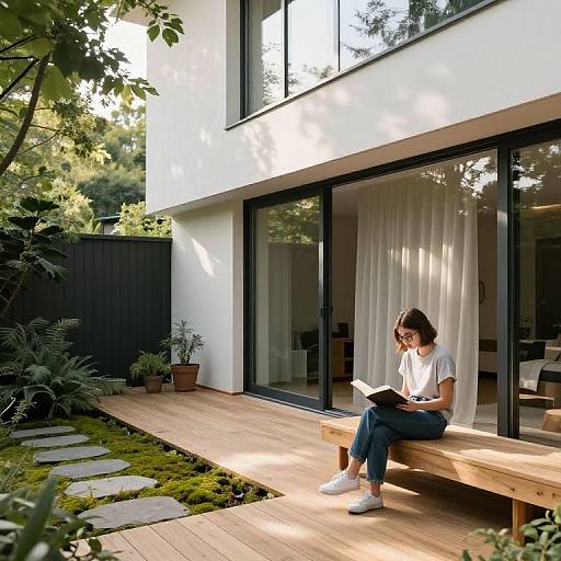 Photograph of a young woman with short brown hair, wearing a white t-shirt and blue jeans, reading on a wooden bench outside a modern, white