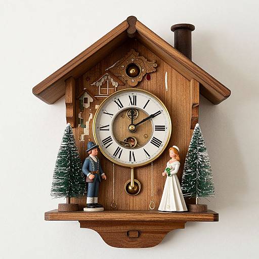 Wooden clock with rustic design, featuring a couple in wedding attire, small pine trees, and Roman numerals, standing beside a clock face.