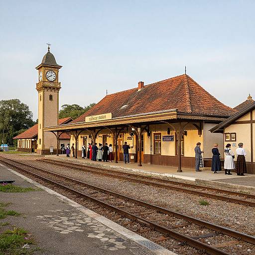 Photograph of a quaint, rural train station with a clock tower, red-tiled roof, and passengers in vintage attire standing on the platform.