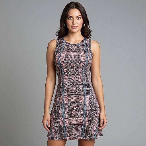 Photograph of a woman with medium brown skin and dark wavy hair, wearing a sleeveless, pink and black geometric patterned dress, standing against