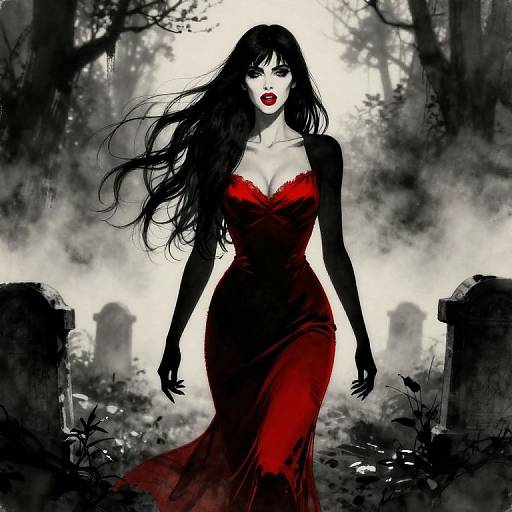 Digital illustration of a pale, red-lipstick-wearing woman with long black hair in a red, form-fitting dress, walking through a spooky