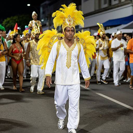 Photograph of a Black man in a white outfit with yellow feathered headdress and shoulder adornments, leading a vibrant Carnival parade on a city street