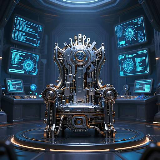 Photorealistic CGI of a futuristic, metallic throne with intricate circuits and glowing blue holographic screens in a high-tech control room.