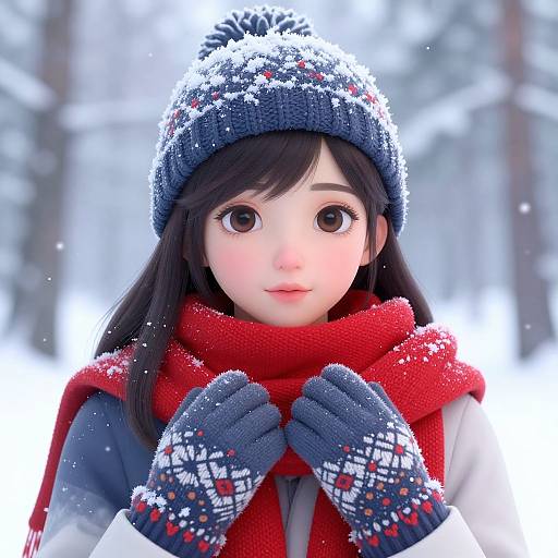Digital CGI image of a cute anime girl with large eyes, wearing a blue knit hat, red scarf, and patterned gloves, standing in a snowy