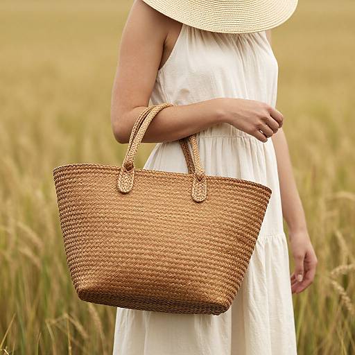 Photograph of a woman in a white dress and wide-brimmed hat, holding a woven tan tote bag in a golden wheat field.