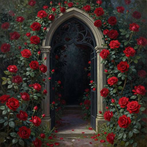 Digital painting of a gothic archway adorned with vibrant red roses and dark green leaves, surrounded by a dense floral frame, leading into a shadowy