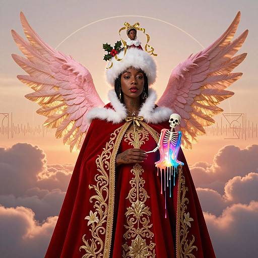 Digital art of a black woman with angel wings, wearing a red ornate robe and Santa hat, holding a glowing, skeletal hand. Sunset sky with