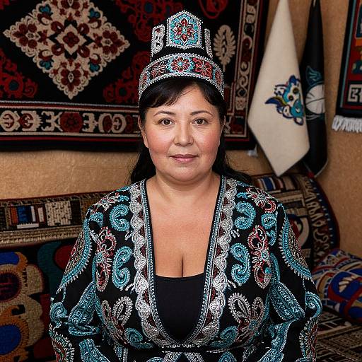 Photograph of a middle-aged Asian woman with fair skin, wearing an ornate, patterned black and blue traditional dress and matching headpiece, standing