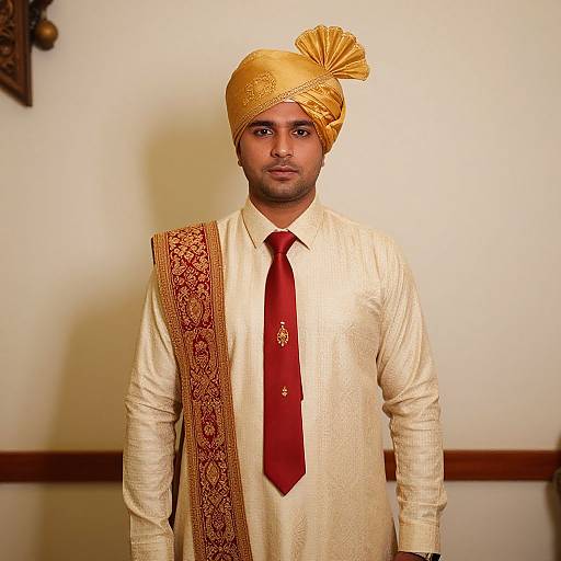 Photograph of an Indian man with medium brown skin, wearing a gold turban, white sherwani, red tie, and red patterned stole