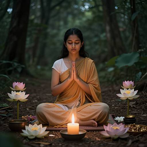 Young Woman Meditating in Sacred Forest