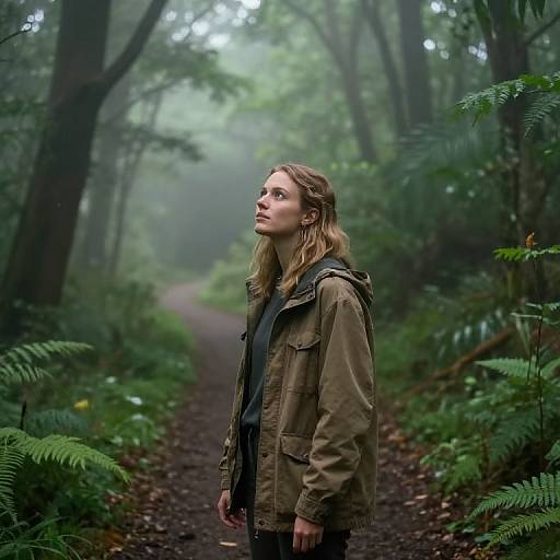 Photograph of a young woman with long blonde hair, wearing a green jacket, standing on a misty forest path, surrounded by dense, green foliage