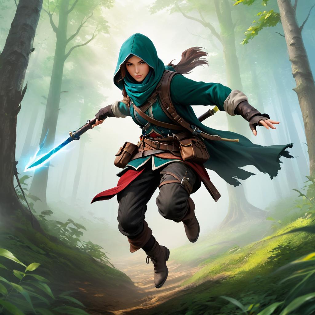 Rogue Assassin Leaping Through Misty Forest