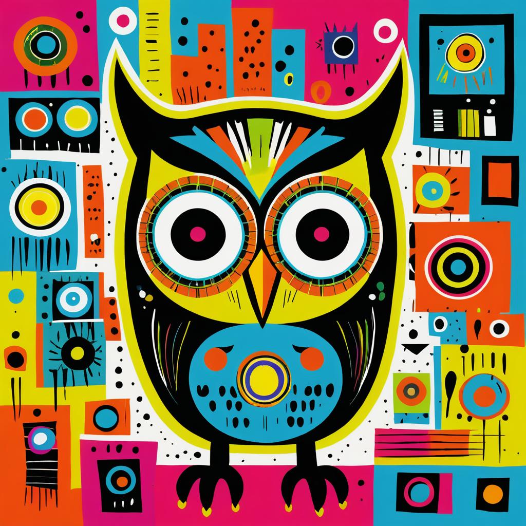 Vibrant Owl in Basquiat-Style Art