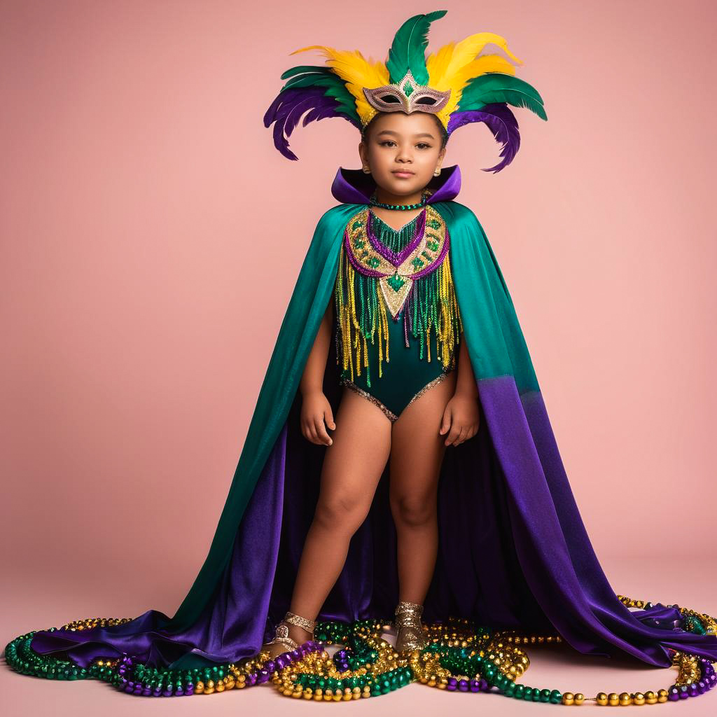 Amazed Child in Colorful Mardi Gras Costume