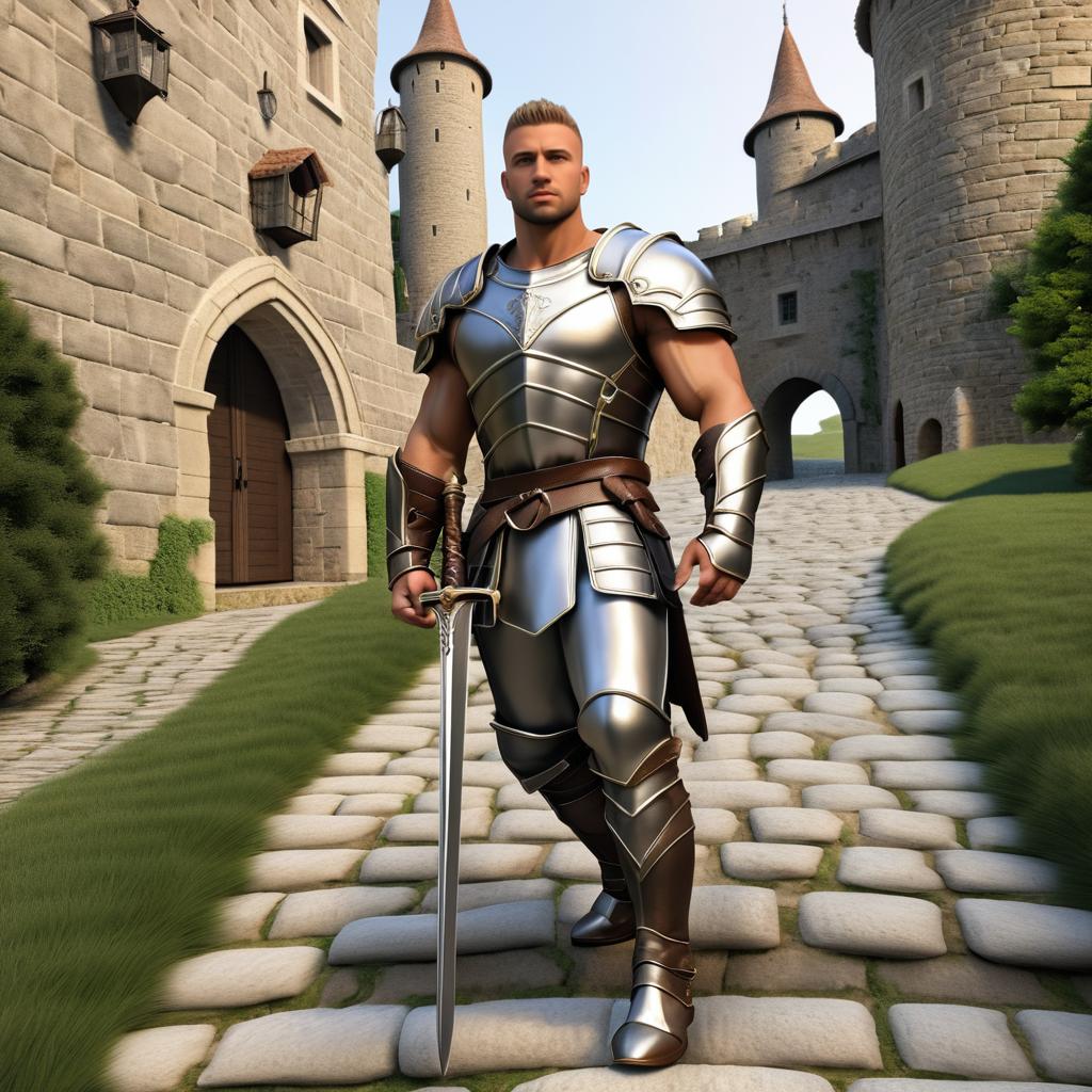 Hyperrealistic Male Knight on Cobblestone Path