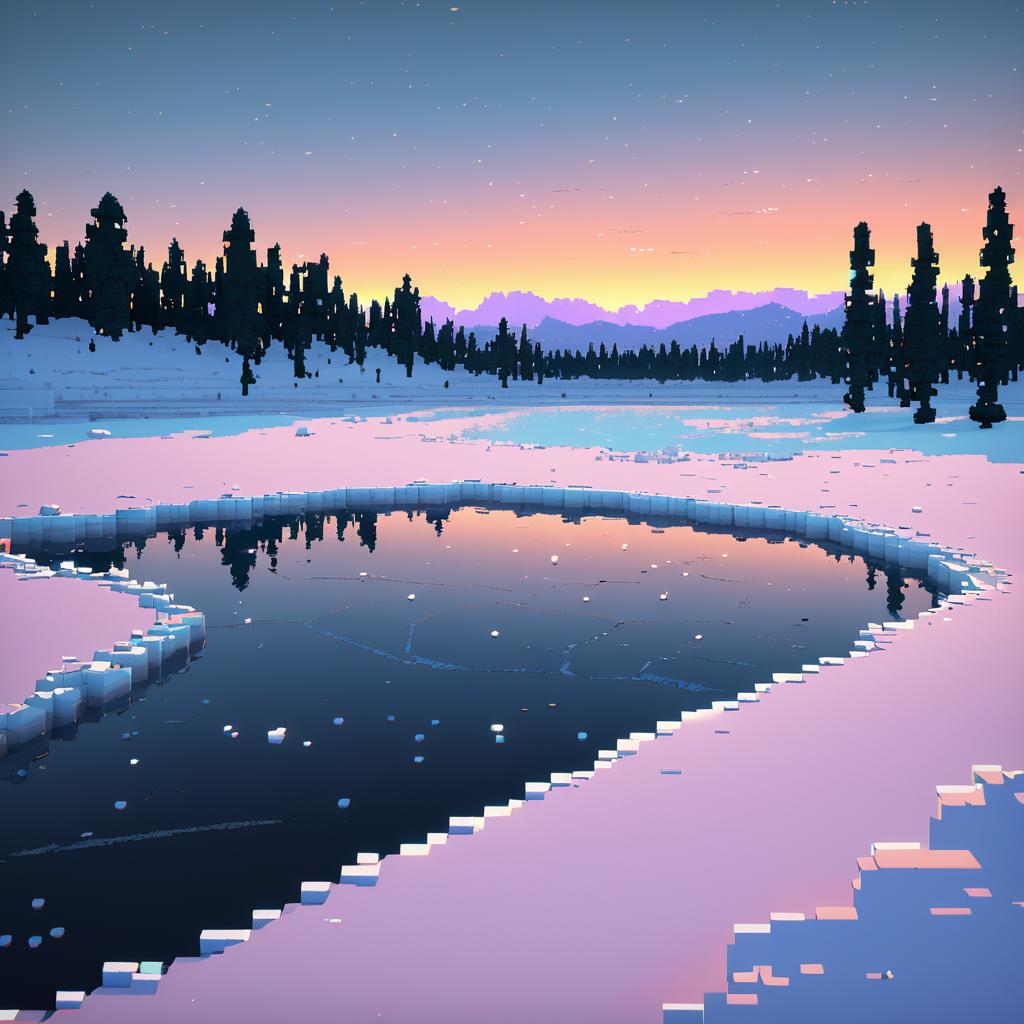 Serene Twilight in a Frozen Voxel Landscape