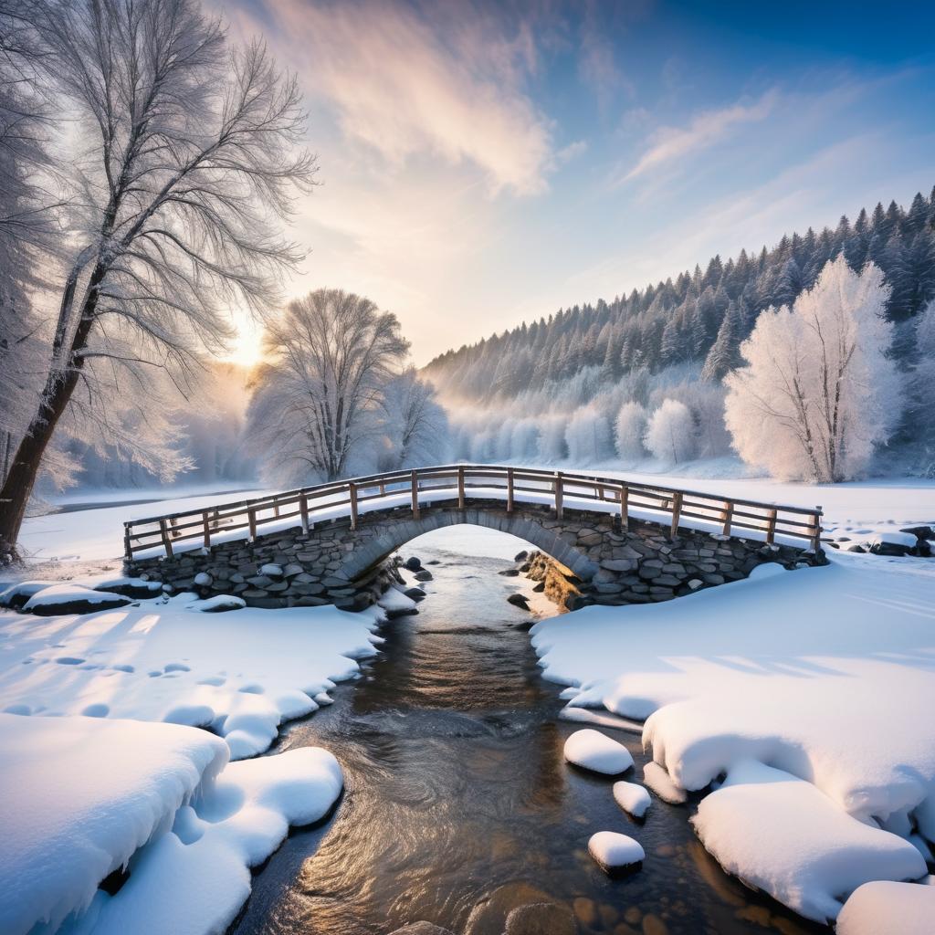 Snowy Bridge Over Frozen River