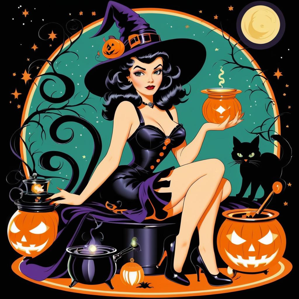 Vintage Pin-Up Witch with Halloween Charm