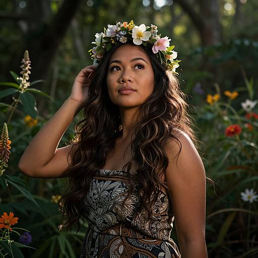 Photograph of a young Asian woman with long wavy brown hair, wearing a floral crown and intricate black-and-white patterned dress, standing in a