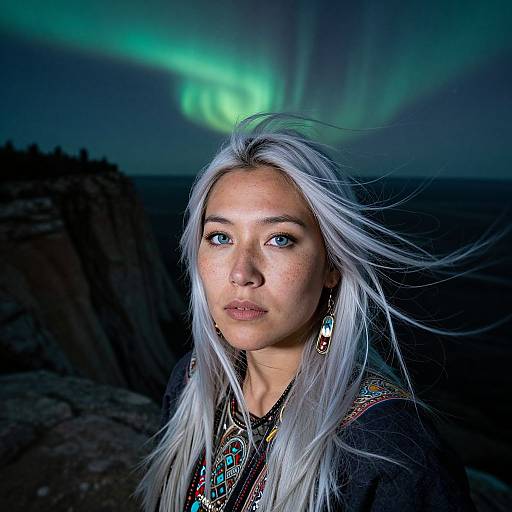 Photograph of a woman with long white hair, wearing colorful traditional attire, standing outdoors at night with a green aurora borealis in the background.
