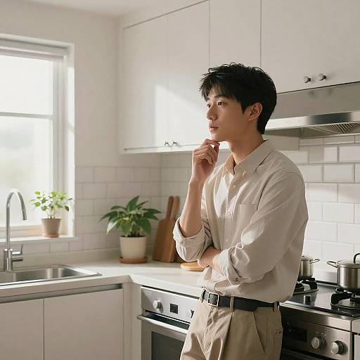 Photograph of an Asian man with short black hair, wearing a white shirt and beige pants, standing in a bright, modern kitchen. He's g