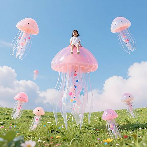 Child on Floating Pink Jellyfish