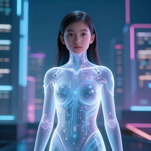 CGI image of a glowing, cybernetic Asian woman with long black hair, neon-lit cityscape background, and futuristic, circuit-patterned