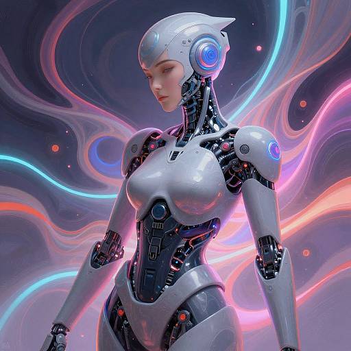 Digital artwork of a futuristic, white and black robotic humanoid woman with blue glowing eyes, set against a swirling, neon pink and blue background.