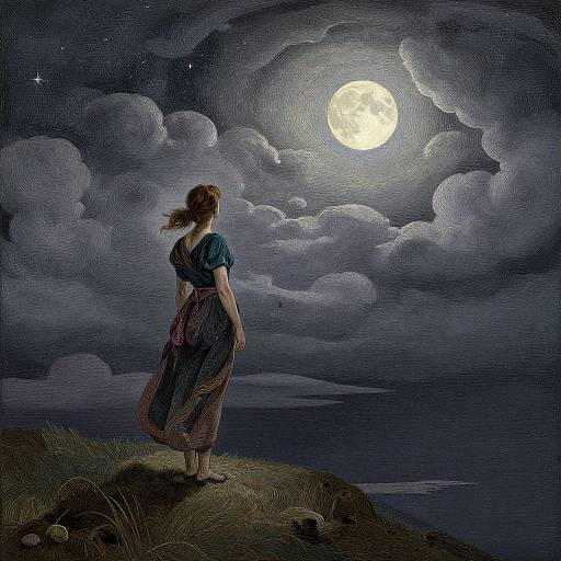 Digital illustration of a woman with brown hair in a blue dress, standing on a grassy hill, gazing at a luminous full moon surrounded by