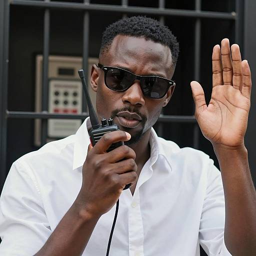 Intense Man with Walkie-Talkie in Phone Booth