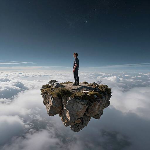 Digital artwork of a lone figure in dark clothing standing on a rocky, cloud-surrounded island, gazing into a starry night sky.