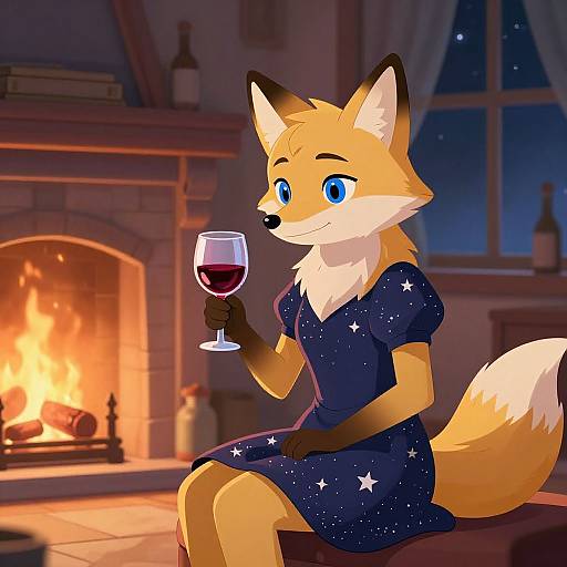 Anthropomorphic fox with blue eyes, wearing a starry navy dress, sitting by a cozy fireplace, holding a glass of red wine. Digital art