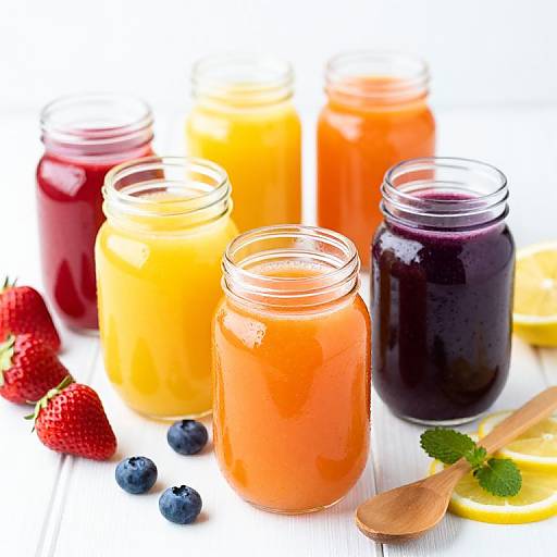 Photograph of four glass jars filled with vibrant orange, yellow, red, and dark purple preserves, surrounded by strawberries, blueberries, lemon slices,