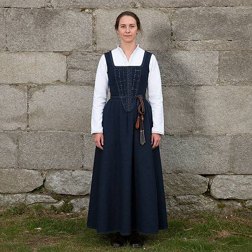 Photograph of a young woman with fair skin, brown hair in a bun, wearing a white blouse and dark blue, long, pinafore-style