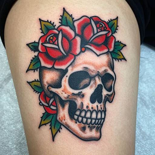 Gothic Skull and Roses Calf Tattoo