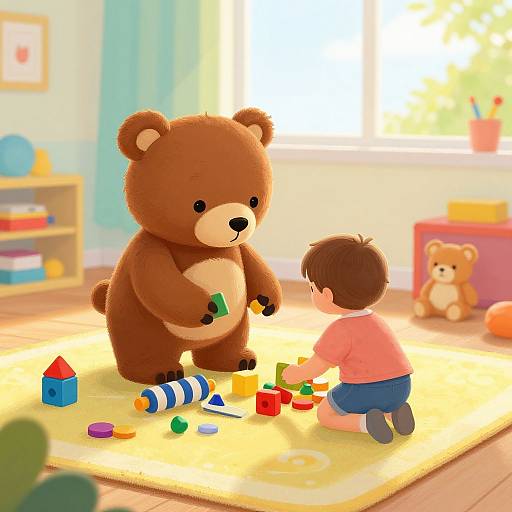Digital illustration of a cute, brown teddy bear playing with colorful toys on a yellow rug in a bright, sunlit nursery. A small boy in