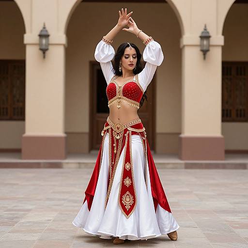 Photograph of a dark-haired woman in a red and white belly dance outfit with gold details, arms raised, standing in a courtyard with arched columns