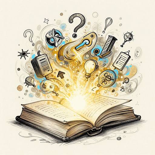 Illustration of an open book emitting glowing light, surrounded by floating question marks, light bulbs, and musical notes in colorful, sketchy style.