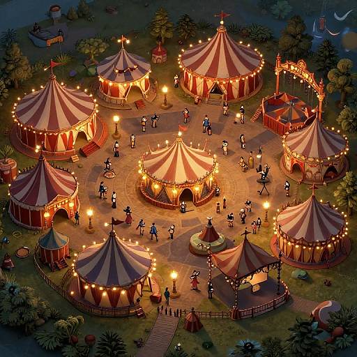 Overhead digital illustration of a lively circus at night, featuring brightly lit striped tents, performers, and onlookers, surrounded by trees and moonlit