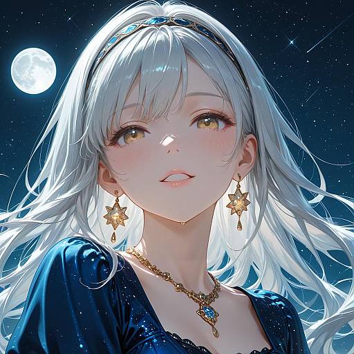 Portrait of Girl Wearing Jewelry Under Moonlight