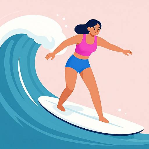 Digital illustration of a woman with black hair, pink tank top, and blue shorts surfing a large blue wave, smiling confidently.