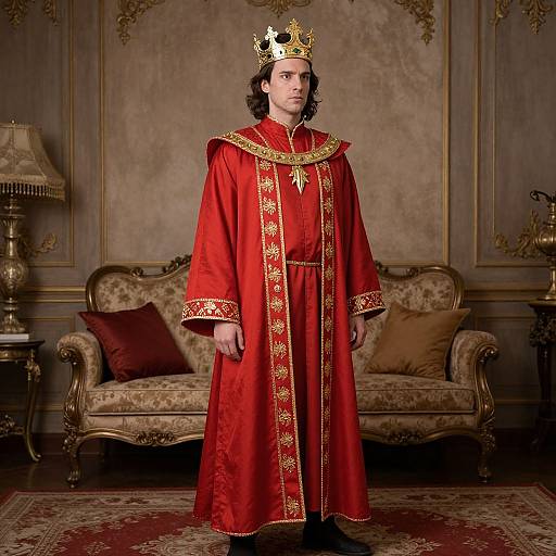 Photograph of a fair-skinned man with long black hair, wearing a red royal robe with gold embroidery, a gold crown, standing in an orn