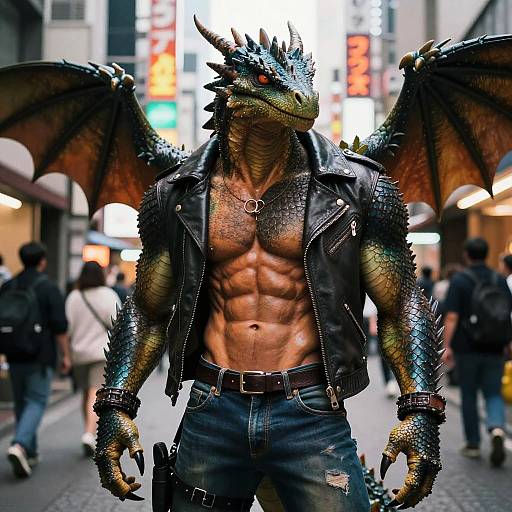 Muscular, scale-covered, dragon-human hybrid with red eyes, black leather jacket, and ripped jeans, stands in a bustling urban street at night.