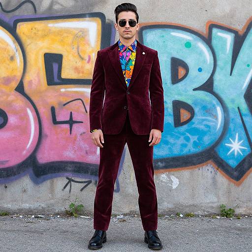 Photograph of a man in a burgundy velvet suit, colorful tie, black sunglasses, standing in front of vibrant graffiti on a concrete wall.