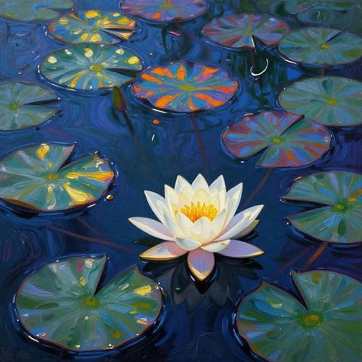 Digital painting of a luminous white water lily with yellow center, surrounded by colorful lily pads in dark blue water.