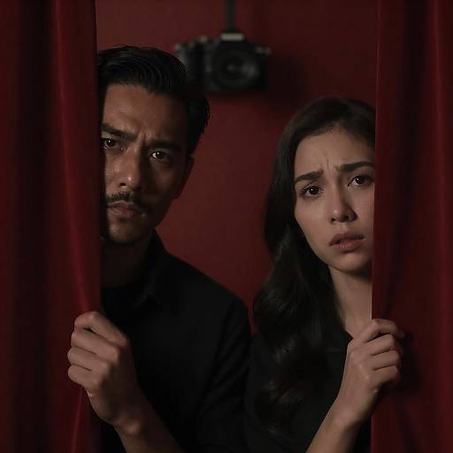 Mysterious Portrait Behind Red Curtain