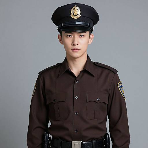 Photograph of an Asian male police officer with fair skin, wearing a black uniform, hat, and badge, against a plain gray background.