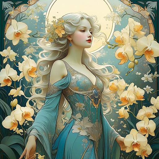 Art Nouveau Woman with Orchids and Golden Halo