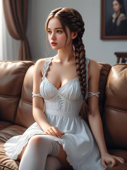 Young Woman in White Dress with Braided Hair Sitting on Couch