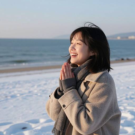 Photograph of an Asian woman with short black hair, smiling, hands clasped in front, wearing a beige coat and gray scarf, standing on a